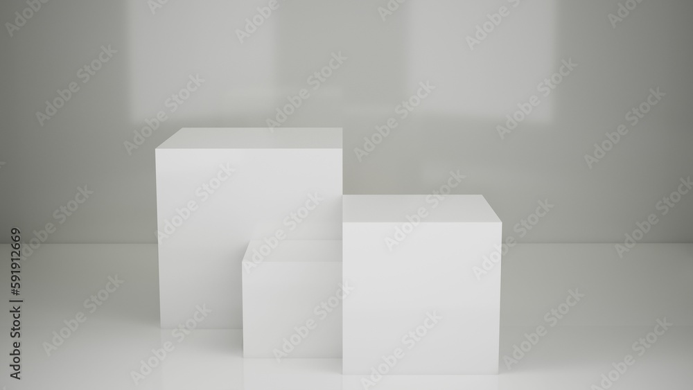 Présentoir de produit ou piédestal de vitrine, podium, stand vide, composé de trois cube avec arrière plan simple pour intégration produit, rendu 3d Présentoir de produit ou piédestal de vitrine, podium, stand vide, composé de trois cube avec arrière plan simple pour intégration produit, rendu 3d