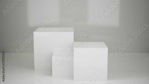 Présentoir de produit ou piédestal de vitrine, podium, stand vide, composé de trois cube avec arrière plan simple pour intégration produit, rendu 3d photo