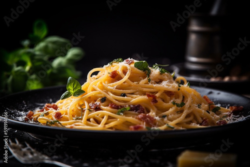 Classic Italian pasta carbonara, with creamy sauce, crispy pancetta, and grated Parmigiano cheese on top, on a black plate. Ai generated