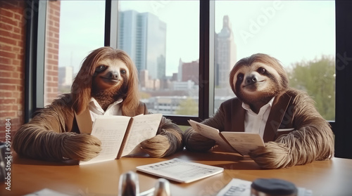 Two sloths working together in the business office. View of the city skyscraper outside the window. Generative AI photo