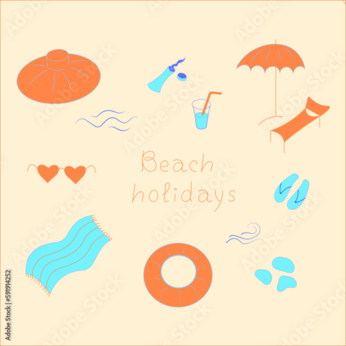 A set of vector drawings on the theme of a summer beach holiday. Icons, signs and banners