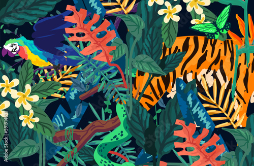 Modern and exotic rain forest shapes  patterns and brush strokes with wild animals and plant life. Vector illustration.
