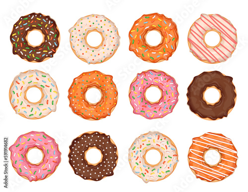 Set of donuts isolated on white background. Collection of vector illustrations of donuts with different toppings and flavors. Sweet pastry.