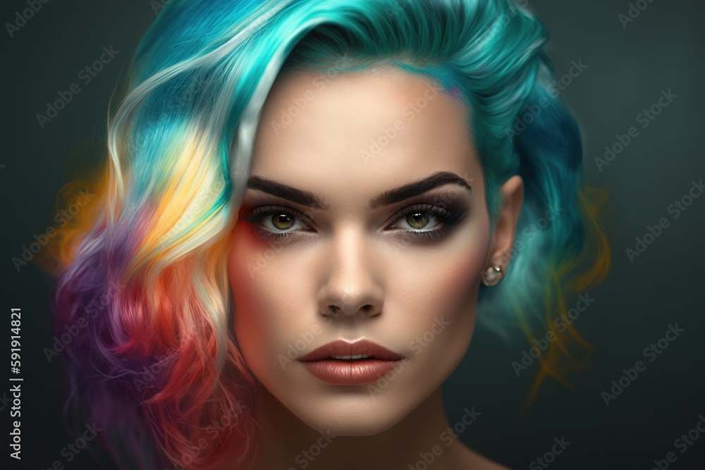 Beautiful woman with colorful hair and makeup. Beautiful face.GENERATION Ai