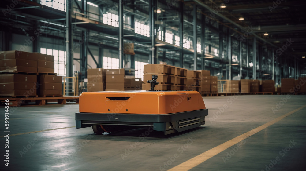 AGV (Automated guided vehicle) in warehouse logistic and transport. Generative AI.