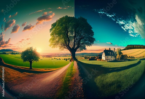 Tranquil panoramic rural landscape scenery in an early summer morning after sunrise, with a tree on green meadows and colorful clouds in the gold and blue sky Fields landscapes Generative AI
