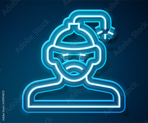 Glowing neon line Concussion, headache, dizziness, migraine icon isolated on blue background. Vector