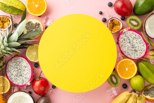 Tropical fruit delight concept. Top view photo of lot of exotik fruit like dragon fruit ananas orange carambola on pink backdrop with empty yellow circle