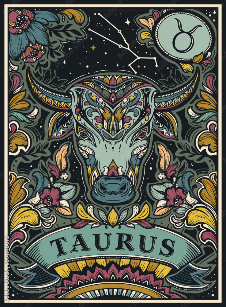 Beautiful colorful pre-made card with Taurus zodiac sign illustration and flowers in ornate victorian style.