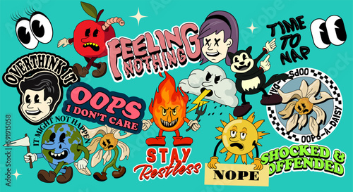 A collection of classic retro stickers and playful uninspiring quotes with cartoon characters. Vector illustration set.