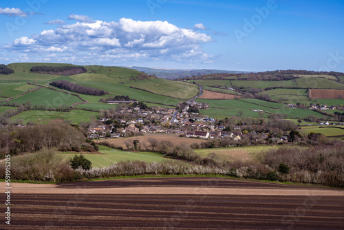 View towards Chideock village in Dorset county  from the path leading to the Golden Cap.