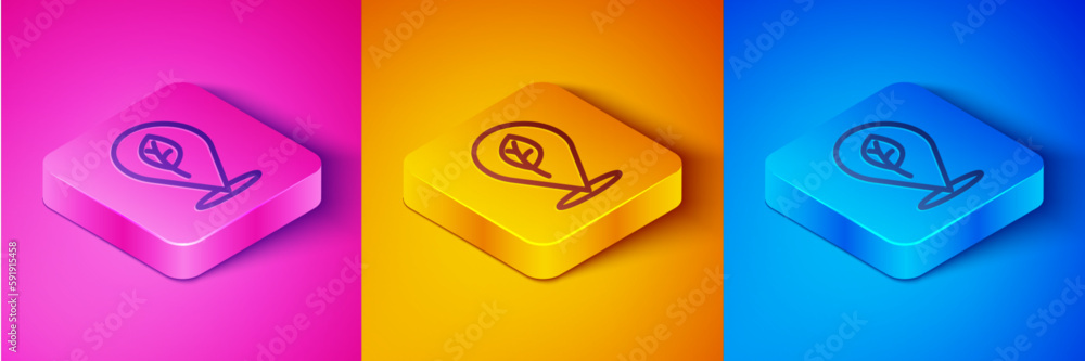Isometric line Location with leaf icon isolated on pink and orange, blue background. Eco energy concept. Alternative energy concept. Square button. Vector Isometric line Location with leaf icon isolated on pink and orange, blue background. Eco energy concept. Alternative energy concept. Square button. Vector
