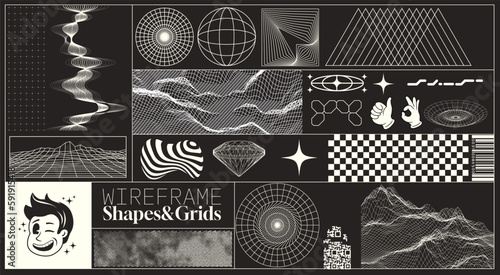 A collection of futuristic Y2K shapes and grid patterns for layouts and design. Vector illustration kit