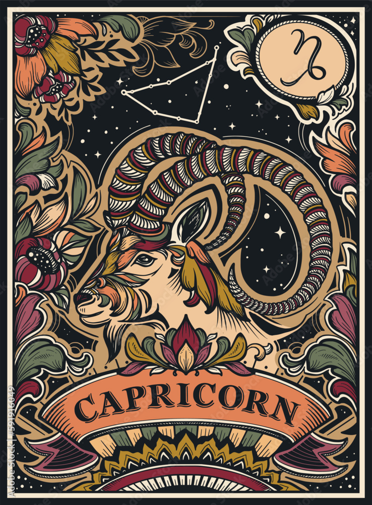 Beautiful colorful pre-made card with Capricorn zodiac sign illustration and flowers in ornate victorian style.
