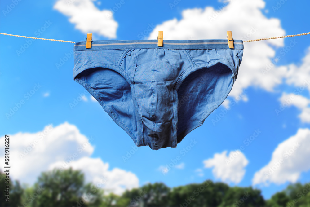 Clean blue men's briefs hanging on rope to dry outdoors on sunny summer  day. Clothesline with washed underwear. Regular laundry. Hygiene and  clothes care concept. Stock Photo | Adobe Stock