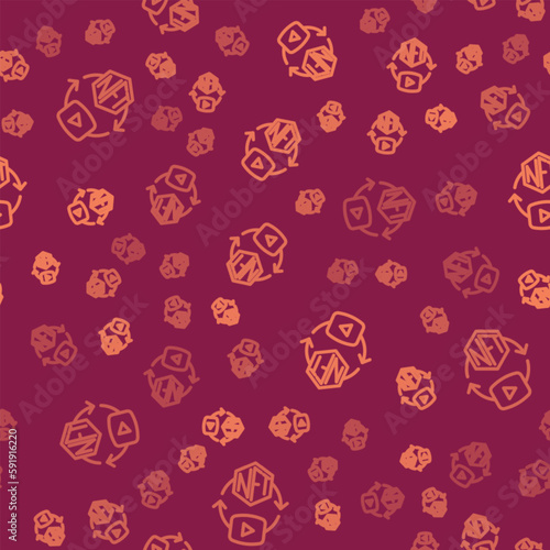 Brown line NFT Digital crypto art icon isolated seamless pattern on red background. Non fungible token. Vector