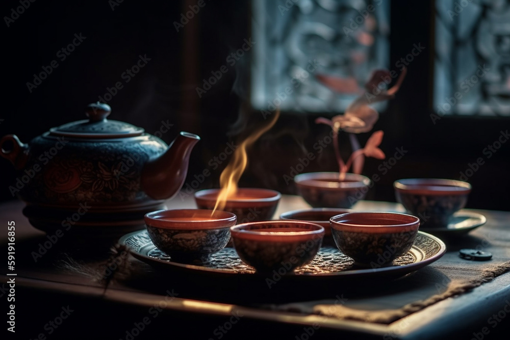 Traditional Chinese tea setup, including a teapot, teacups, and a tray with tea leaves and utensils, representing the beauty and elegance of Chinese tea culture. Ai generated Traditional Chinese tea setup, including a teapot, teacups, and a tray with tea leaves and utensils, representing the beauty and elegance of Chinese tea culture. Ai generated