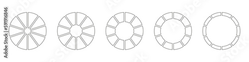 Wheels round divided in ten sections. Diagrams infographic set. Circle section graph line art. Pie chart icons. Outline donut charts or pies segmented on 10 equal parts. Geometric vector element.