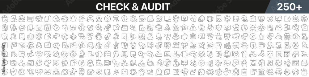 Check and audit linear icons collection. Big set of more 250 thin line icons in black. Check and audit black icons. Vector illustration Check and audit linear icons collection. Big set of more 250 thin line icons in black. Check and audit black icons. Vector illustration
