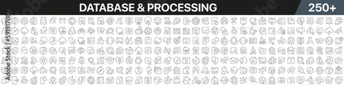 Database and processing linear icons collection. Big set of more 250 thin line icons in black. Database and processing black icons. Vector illustration