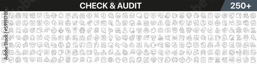 Check and audit linear icons collection. Big set of more 250 thin line icons in black. Check and audit black icons. Vector illustration
