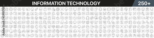 Information technology linear icons collection. Big set of more 250 thin line icons in black. Information technology black icons. Vector illustration