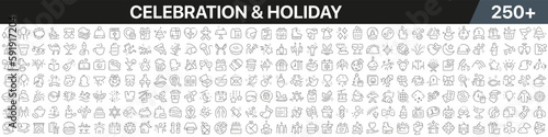 Celebration and holiday linear icons collection. Big set of more 250 thin line icons in black. Celebration and holiday black icons. Vector illustration