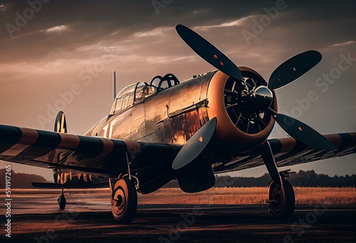 Fotografie historical aircraft on a runway ready for take off. Generative AI