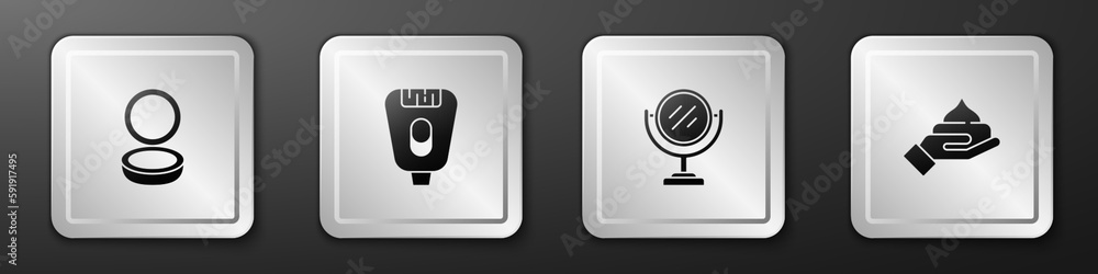 Set Makeup powder with mirror, Epilator, Round makeup and Cream lotion cosmetic tube icon. Silver square button. Vector Set Makeup powder with mirror, Epilator, Round makeup and Cream lotion cosmetic tube icon. Silver square button. Vector