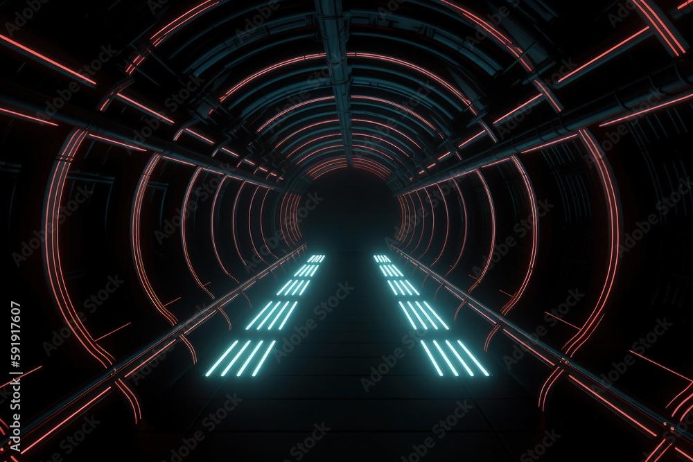 Futuristic Sci-Fi Tunnel with Neon Lights and Reflective Floors generative ai illustration Futuristic Sci-Fi Tunnel with Neon Lights and Reflective Floors generative ai illustration
