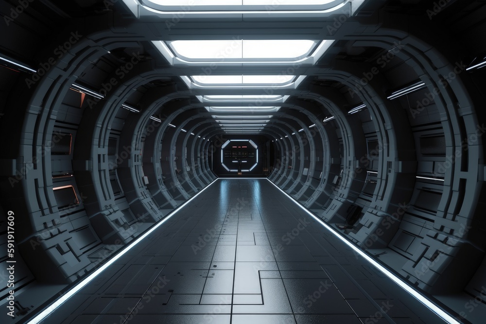 Futuristic Sci-Fi Tunnel with Neon Lights and Reflective Floors generative ai illustration Futuristic Sci-Fi Tunnel with Neon Lights and Reflective Floors generative ai illustration