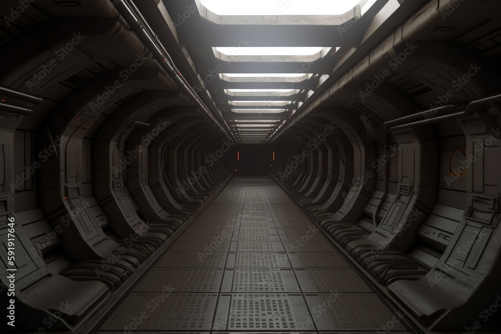 Obraz premium Futuristic Sci-Fi Tunnel with Neon Lights and Reflective Floors generative ai illustration