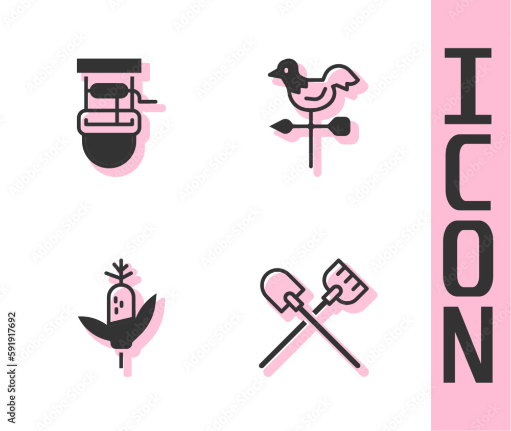 Set Shovel, Well with bucket, Corn and Rooster weather vane icon. Vector