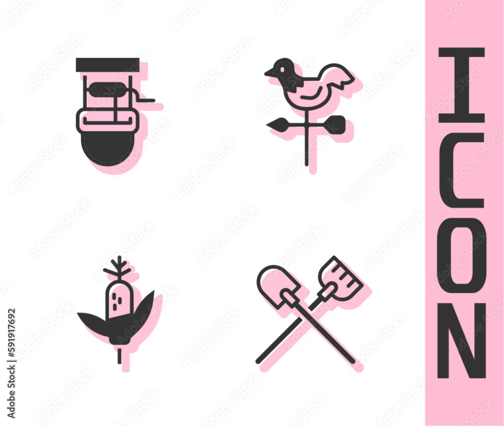 Set Shovel, Well with bucket, Corn and Rooster weather vane icon. Vector Set Shovel, Well with bucket, Corn and Rooster weather vane icon. Vector