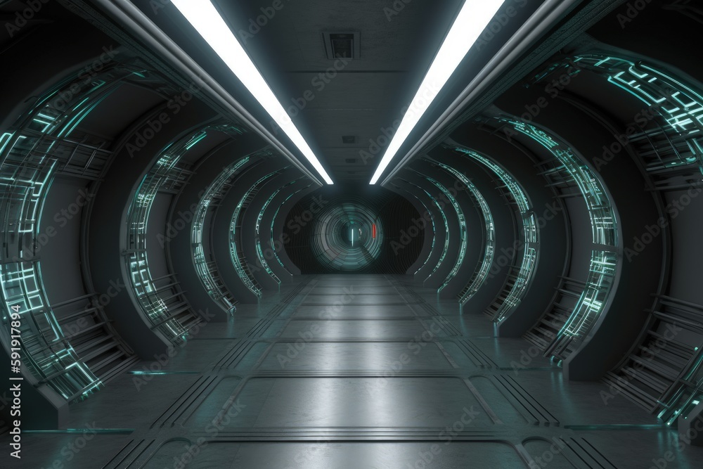 Futuristic Sci-Fi Tunnel with Neon Lights and Reflective Floors generative ai illustration Futuristic Sci-Fi Tunnel with Neon Lights and Reflective Floors generative ai illustration