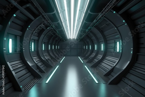 Futuristic Sci-Fi Tunnel with Neon Lights and Reflective Floors generative ai illustration © Ecleposs
