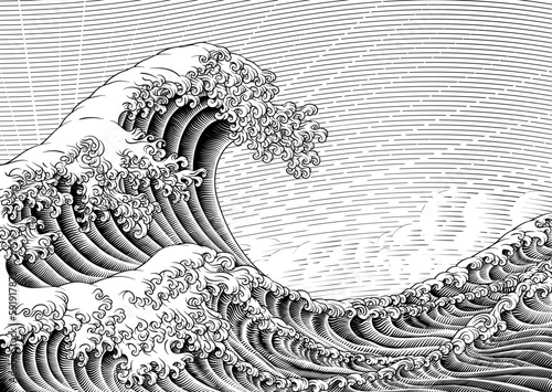 Murais de parede A Japanese great wave design in a vintage retro engraved etching woodcut style