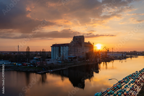 Shipyard building at sunset. Płock, Poland