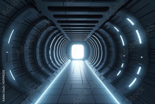 Futuristic Sci-Fi Tunnel with Neon Lights and Reflective Floors generative ai illustration