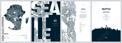 Set of travel posters with Seattle, detailed urban street plan city map, Silhouette city skyline, vector artwork