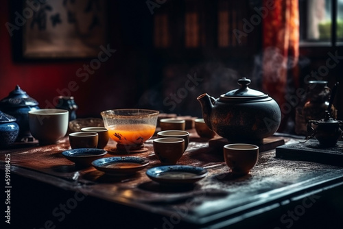 Traditional Chinese tea setup, including a teapot, teacups, and a tray with tea leaves and utensils, representing the beauty and elegance of Chinese tea culture. Ai generated