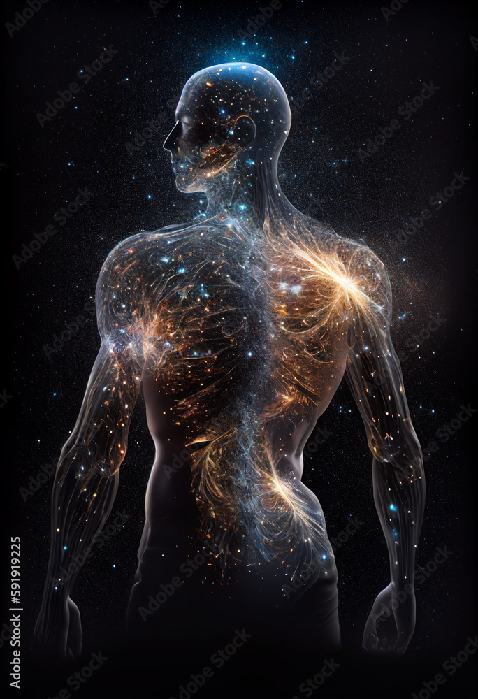 Galaxy Man, Transparent Human Body made out of galaxies and stars, made by Generative AI