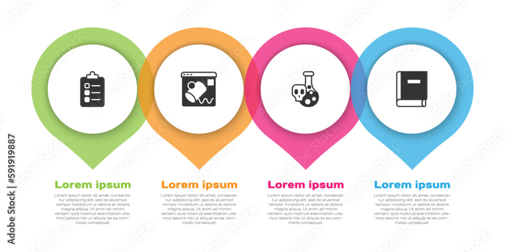 Set To do list or planning, Data visualisation, Test tube with toxic liquid and Science book. Business infographic template. Vector Set To do list or planning, Data visualisation, Test tube with toxic liquid and Science book. Business infographic template. Vector