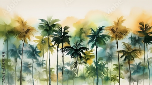 Tall tropical trees wall mural painted art, watercolor art style wallpaper background. Generative ai.
