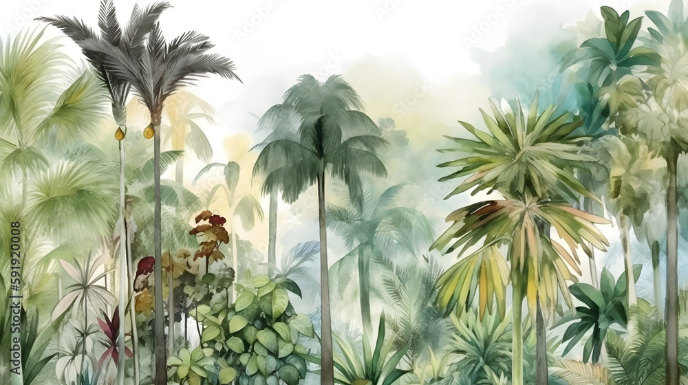 custom made wallpaper toronto digitalTall tropical trees wall mural painted art, watercolor art style wallpaper background. Generative ai.
