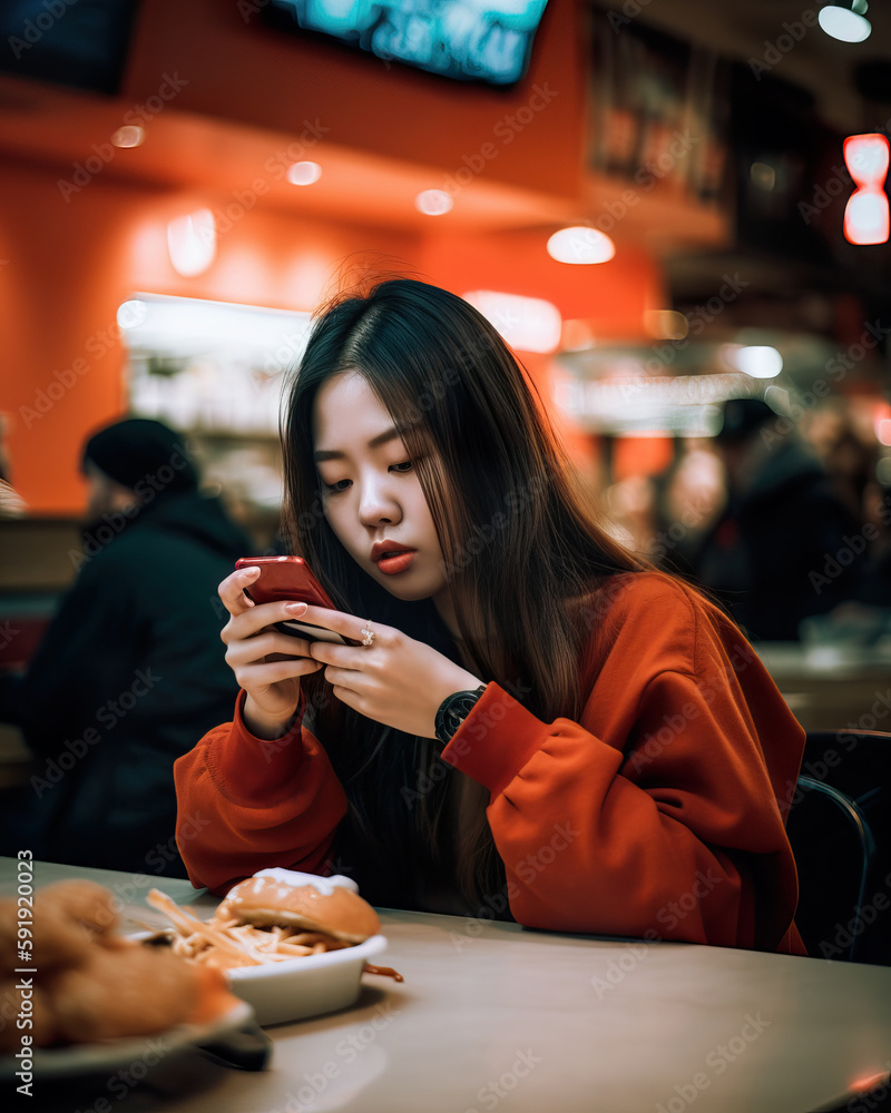 A fictional person. Gen Z girl enjoying a meal in a fast food restaurant A fictional person. Gen Z girl enjoying a meal in a fast food restaurant