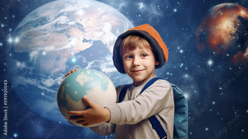 Naklejka premium Child holding a globe in hands, playing with Earth planet, on a cosmic space background, Earth Day concept