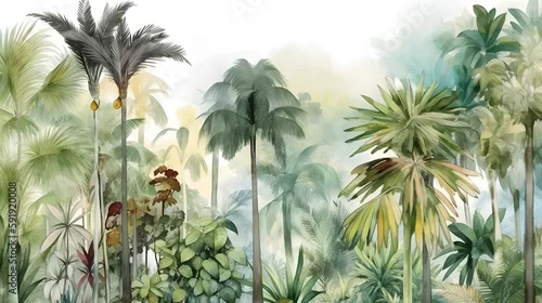 Fototapeta samoprzylepna Tall tropical trees wall mural painted art, watercolor art style wallpaper background. Generative ai.
