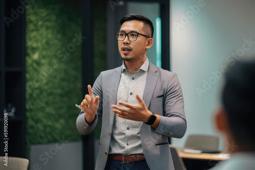 A fictional person. Charismatic Speaker Giving Business Presentation in Coworking Space, Southeast Asia