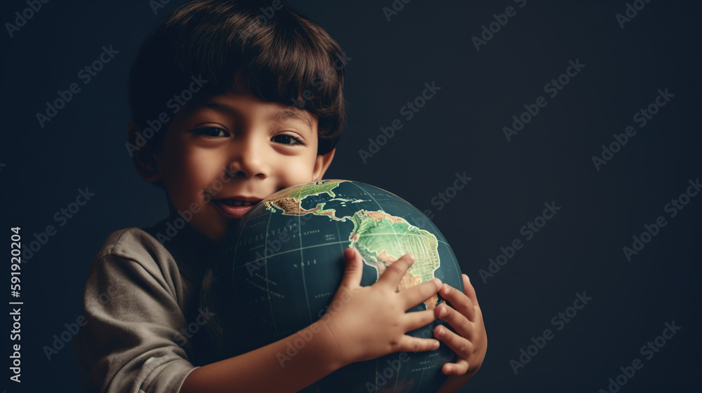 Naklejka premium Child holding a globe in hands, hugging Earth planet, Earth Day concept